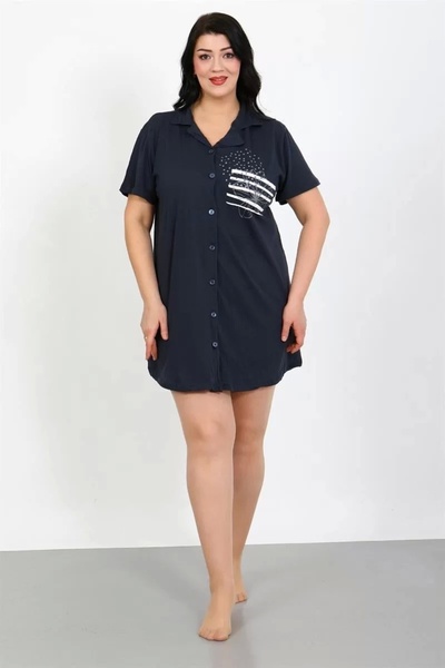 emosavm Fashion Plus Size Combed Cotton Buttoned Navy Blue Tunic Nightgown