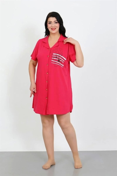 emosavm Fashion Plus Size Combed Cotton Buttoned Fuchsia Tunic Nightgown
