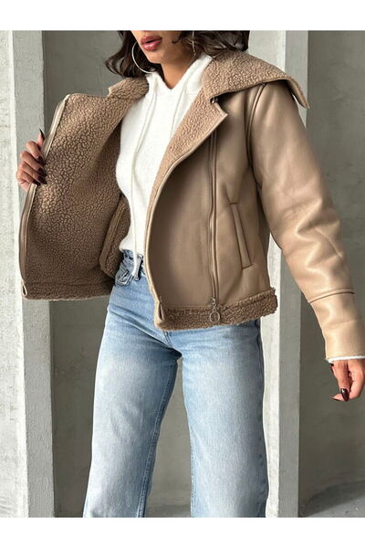 Caddebostan Moda Zippered Leather and Fur Dark Stone Women's Premium Luxury Trend Design Coat