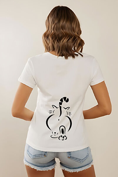 Sevimli Kedi Baskılı Beyaz Bisiklet Yaka T-Shirt