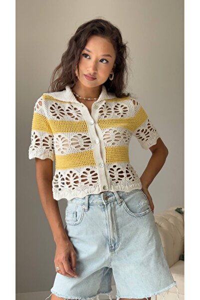 Marjinal Kadın Triko Düğme Detaylı Kısa Kollu Bluz