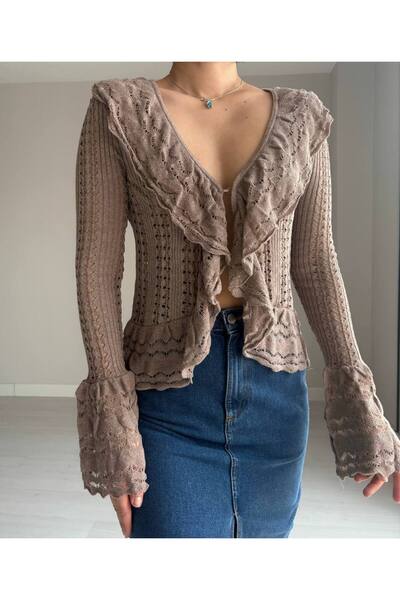 Marjinal Kadın Fırfır Yaka İsoanyol Kol Detaylı Triko Hırka