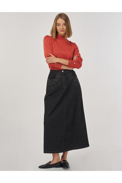 Kayra Hotfix Printed Denim Skirt Black