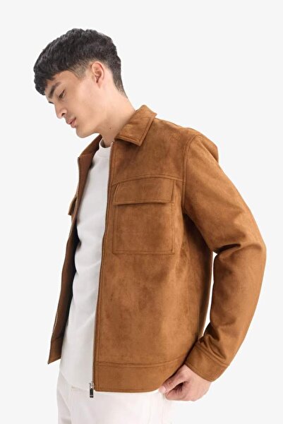DeFacto Slim Fit Dar Kesim Polo Yaka Astarlı Fermuarlı Cepli Mevsimlik Baharlık Süet Mont Y5362AZ25AU