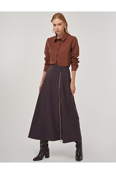 Kayra Zipper Detailed A-Line Skirt Dark Brown
