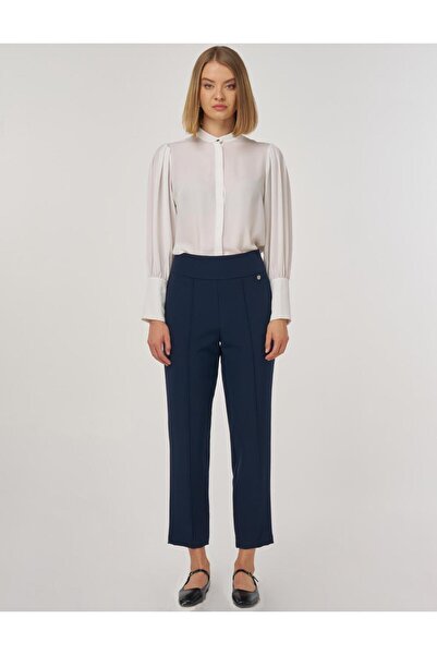 Kayra Çima Stitched High Waist Pipe Leg Trousers Dark Navy Blue