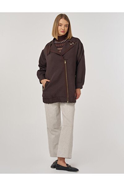 Kayra Wide Collar Seersucker Jacket Dark Brown