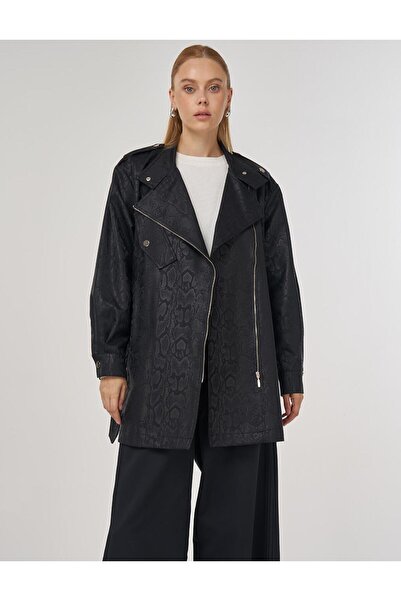 Kayra Snake Patterned Jacket with Buckle Detail Black