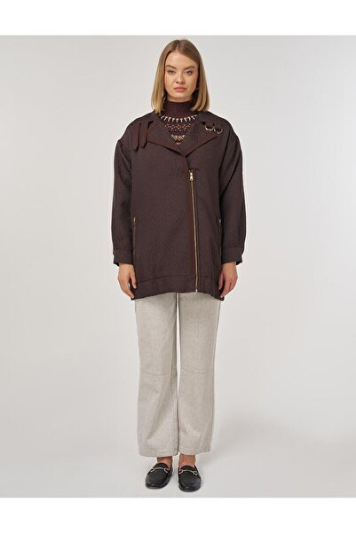 Kayra Wide Collar Seersucker Jacket Dark Brown