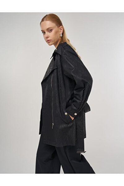 Kayra Snake Patterned Jacket with Buckle Detail Black
