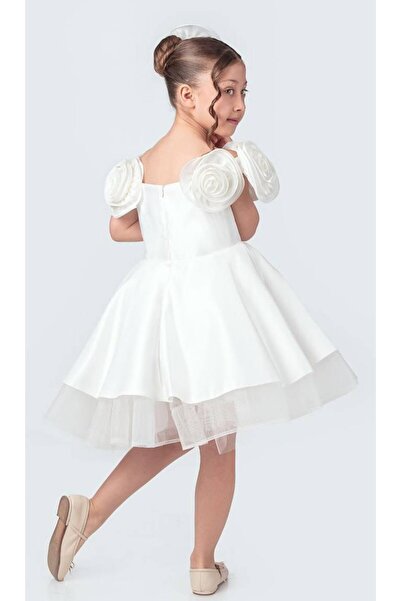 Tarz Çocuk White Rose Detailed, Puffy Skirted Girl's Special Occasion Evening Dress
