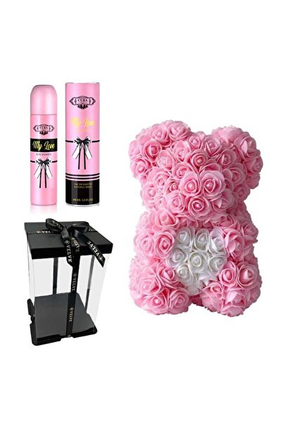 velve Set cadou fete, Ursulet floral roz cu inima alba din spuma 25 cm si Parfum Cuba,My Love,Femei 100ml