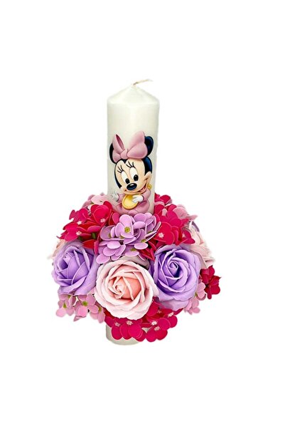 velve Lumanare de botez cu Minnie Mouse si flori de sapun, fata, alb, roz, fucsia
