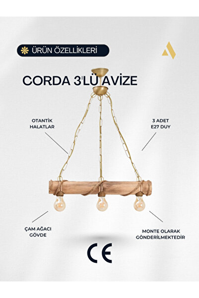 Alldesco Corda Rustik Çiftlik Tarzı 3'lü Avize – Halat Sargılı Ahşap Gövde, Zincir Askılı