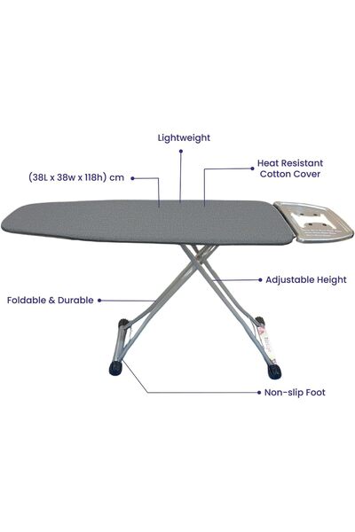 Lenox Ironing board with steam iron rest, lightweight design, heat-resistant, adjustable height, (38 × 11