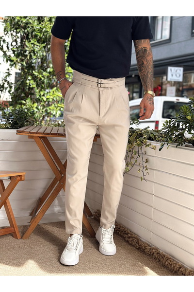 manch collection Çift Kemer Detaylı Yüksek Bel Kumaş Pantolon Krem