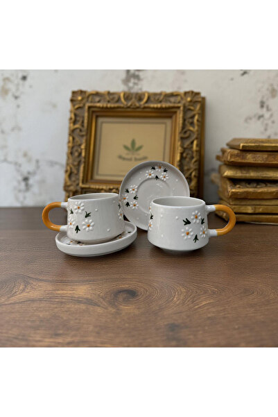 İlbay Çini Takı White Daisy Bouquet Patterned Classic Mug with 2 Plates