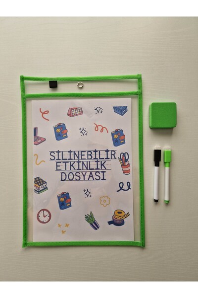 Hobi Kafe Green Erasable Activity File for A4 Work Papers + 2 Pencils + Eraser