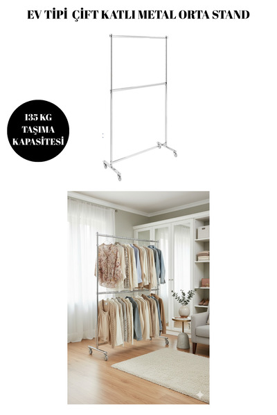 Manken İstanbul Ev Tipi Çift Katlı Yükseklik Ayarlı Tekerlekli Metal Orta Sta...