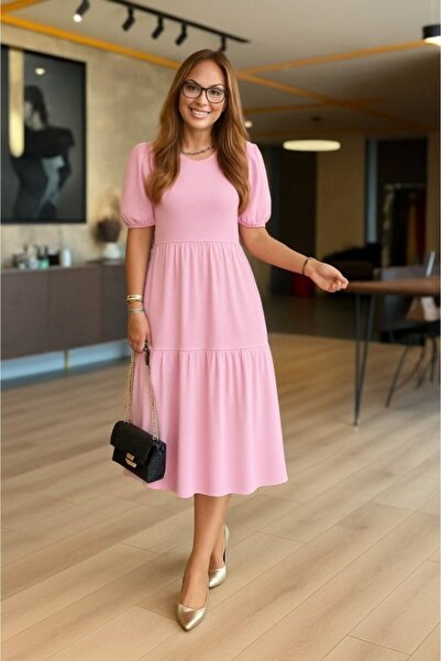 Deridün Yıldız Shoes فستان نسائي قصير الأكمام بياقة مفتوحة وطيات ملفوفة بالون