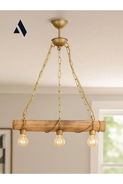 Alldesco Corda Rustik Çiftlik Tarzı 3'lü Avize – Halat Sargılı Ahşap Gövde, Zincir Askılı