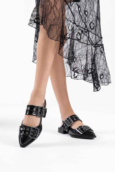 Loyano Bella Pony Black Patent Leather Belt Detailed Women's Heeled Shoes