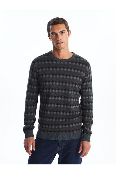 LC Waikiki Anthracite Crew Neck Long Sleeve Diamond Pattern Men's Knit Sweater