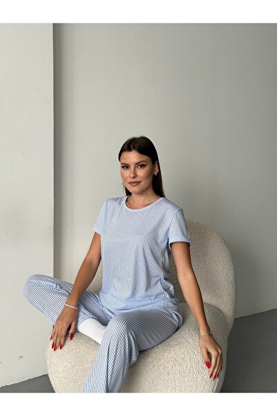 ELİBELLA Kadın Çizgili Pamuklu Likralı Pijama Takımı