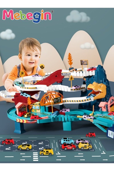 MEBEGIN مجموعة ألعاب سباقات على شكل ديناصورات مع 4 سيارات صغيرة، لعبة مسار من...