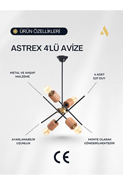 Alldesco Astrex Rustik Salon Avizesi – 4 Başlıklı, Ahşap Detaylı Endüstriyel Lamba