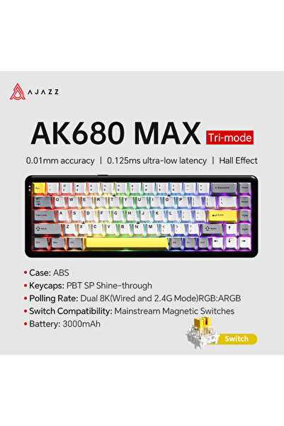 Ajazz لوحة مفاتيح ميكانيكية AK680 MAX ثلاثية الوضع رمادية اللون 8-8K مفتاح مغ...