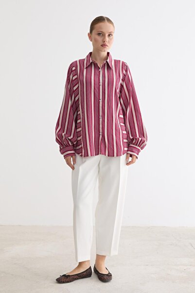 LEVURE Buttoned Front Striped Oversize Shirt Bordo