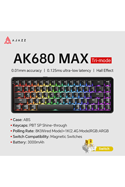 Ajazz لوحة مفاتيح ميكانيكية سوداء AK680 MAX ثلاثية الوضع 8-1K بمفتاح مغناطيسي...