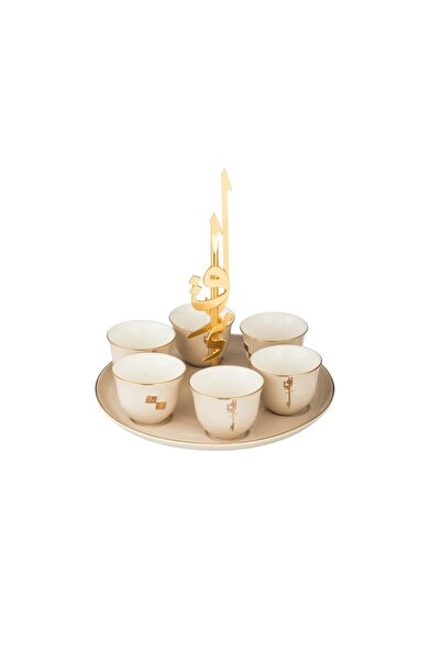 ORIAN Saudi coffee set, beige and gold porcelain, with a gold stand