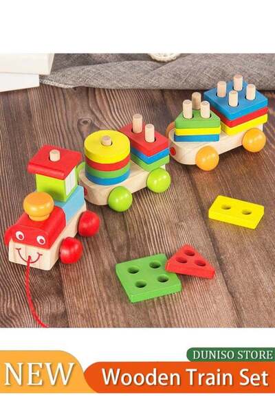 fun zone لعبة قطار خشبي عام للتكديس، ألعاب خشبية لفرز الأشكال، ألعاب فرز وتكد...