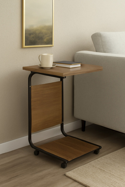 ORIAN C-Shaped Rectangle End Table with 2-Tier Storage Shelf and Storage Bag, Nightstand for Couch
