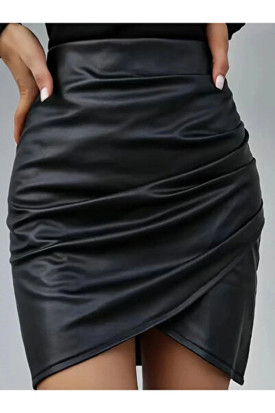 nedo7 Women's High Waist Side Zipper Pleated Mini Leather Skirt