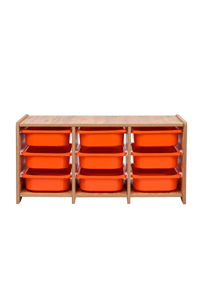 Industrial Living 18mm MDF Ceviz Çocuk Odası Dolabı, Turuncu Çekmeceli 9’lu D...