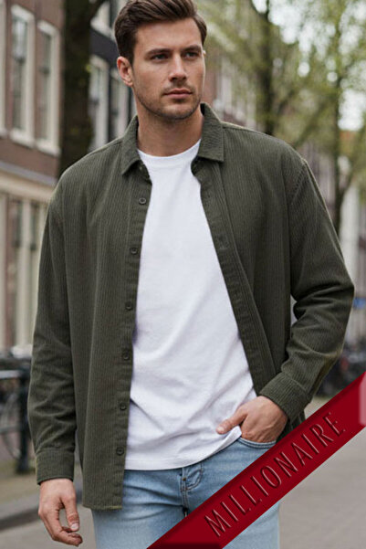 Teenage Millionaire Men's Khaki Green Velvet Corded Fabric Soft Textured Loose Fit Oversized Drop Shoulder Shirt