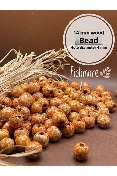 Fiolimore خرز خشبي منقوش 14 ملم (50 جرام 44 قطعة) قطر الفتحة 4 ملم سوار مجوهر...