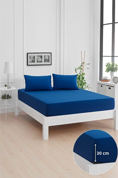 Mislina Home Mirava Premium 100% Cotton Combed Elastic Double Bed Sheet Set (Includes 2 Pillowcases) Navy Blue