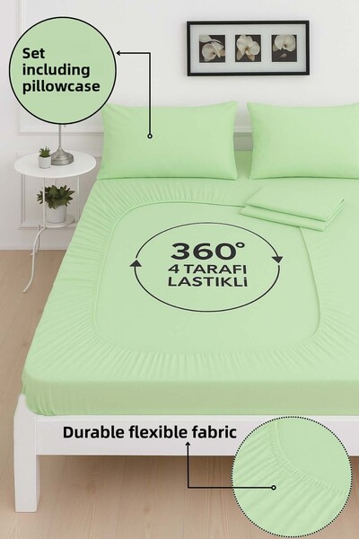Mislina Home Mirava Premium 100% Cotton Combed Elastic Double Bed Sheet Set (Includes 2 Pillowcases) Mint