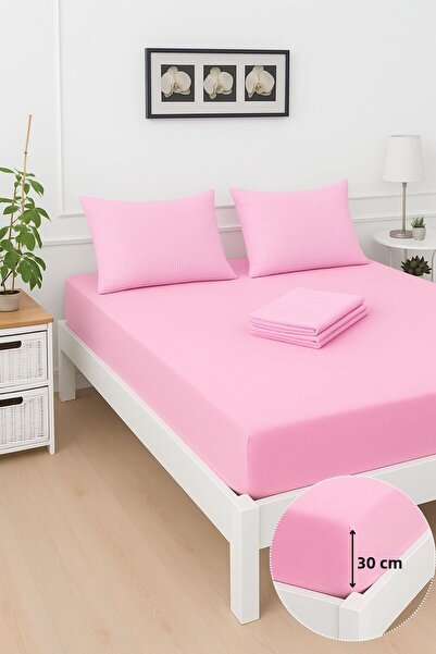 Mislina Home Mirava Premium 100% Cotton Combed Elastic Double Bed Sheet Set (Includes 2 Pillowcases) Pink