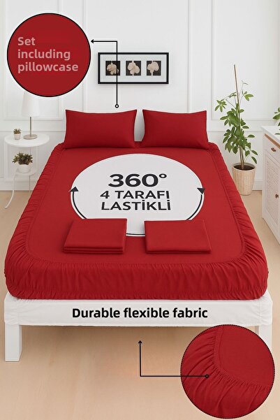 Mislina Home Mirava Premium 100% Cotton Combed Elastic Double Bed Sheet Set (Includes 2 Pillowcases) Burgundy