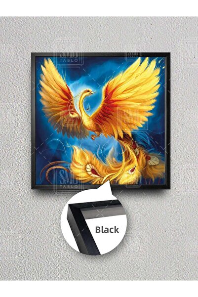 SML TABLO Pictură pe pânză pătrată înrămată cu înrămare, cu pasăre Simurg galbenă, artă, mitologie, smarald, Phoenix