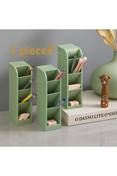 VİALEX 3 Pcs Mellow 4 Compartment Multi-Purpose Desk Organizer Pen Holder-Jewelry-Makeup-Office Organizer-Green