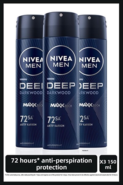 NIVEA Men's Spray Deodorant Deep Dimension 150ml, 72 Hour Anti-Perspirant Protection, X3 Pieces