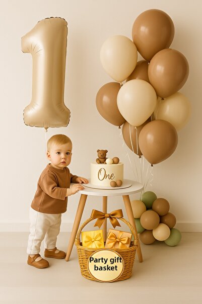 parti hediye sepeti Birthday Balloon Set Number Foil Brown White |   1 Year O...