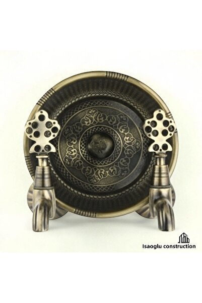 İSAOĞLU YAPI Kurna Faucets Set Antique Gold Kurna Set 2 Antique Gold Faucets 1 Heavy Duty Bath Stone