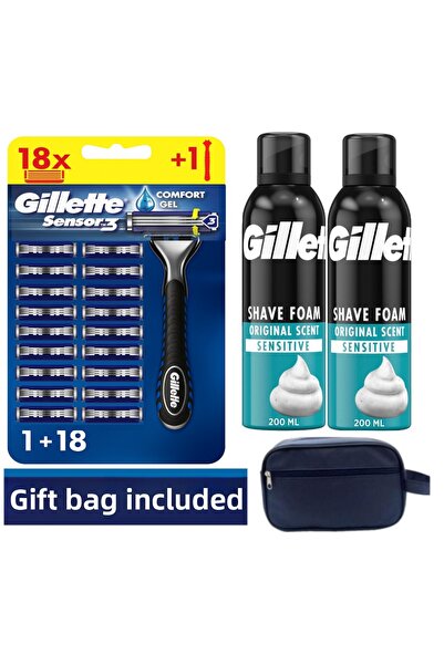 Gillette Sensor3 Shaver + 18 Replacement Razor Blades + 400 ml Foam + Bag